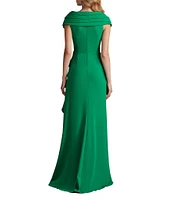 Tadashi Shoji Pleated Portrait Collar Ruffle Front Crepe Sheath Gown