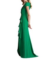 Tadashi Shoji Pleated Portrait Collar Ruffle Front Crepe Sheath Gown