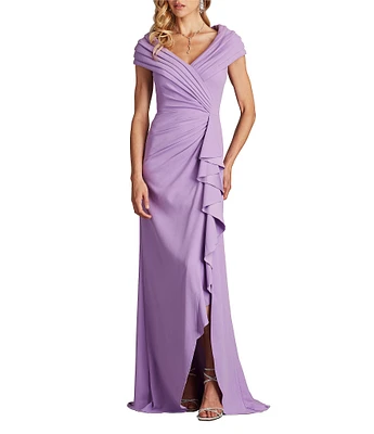 Tadashi Shoji Pleated Portrait Collar Ruffle Front Crepe Sheath Gown