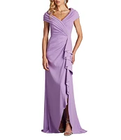 Tadashi Shoji Pleated Portrait Collar Ruffle Front Crepe Sheath Gown
