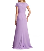 Tadashi Shoji Pleated Portrait Collar Ruffle Front Crepe Sheath Gown