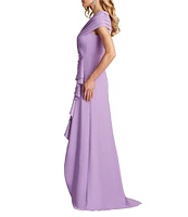 Tadashi Shoji Pleated Portrait Collar Ruffle Front Crepe Sheath Gown