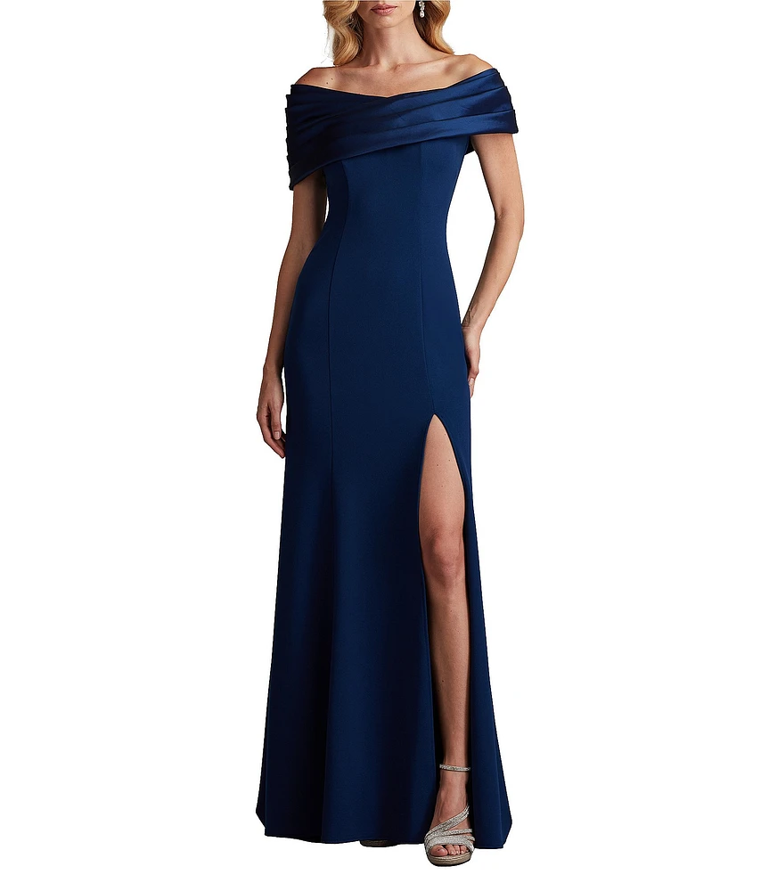 Tadashi Shoji Pleated Taffeta Off the Shoulder Mix Media Aline Gown