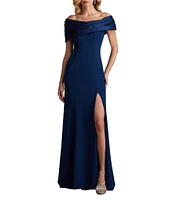 Tadashi Shoji Pleated Taffeta Off the Shoulder Mix Media Aline Gown