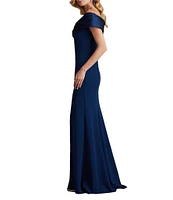 Tadashi Shoji Pleated Taffeta Off the Shoulder Mix Media Aline Gown