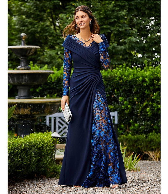 Tadashi Shoji Portrait Collar Lace Inset Crepe A-Line Gown at Hamilton Place in Chattanooga, TN Tadashi Shoji Portrait Collar Lace Inset Crepe A-Line Gown at Hamilton Place in Chattanooga, TN