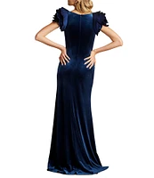 Tadashi Shoji Rosette Velvet Boat Neck Cap Sleeve Sheath Gown