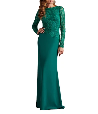 Tadashi Shoji Round Neck Illusion Long Sleeve Asymmetrical Leaf Embroidered Crepe Sheath Gown
