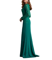 Tadashi Shoji Round Neck Illusion Long Sleeve Asymmetrical Leaf Embroidered Crepe Sheath Gown