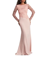 Tadashi Shoji Round Neck Illusion Long Sleeve Asymmetrical Leaf Embroidered Crepe Sheath Gown