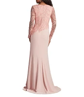 Tadashi Shoji Round Neck Illusion Long Sleeve Asymmetrical Leaf Embroidered Crepe Sheath Gown