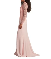 Tadashi Shoji Round Neck Illusion Long Sleeve Asymmetrical Leaf Embroidered Crepe Sheath Gown