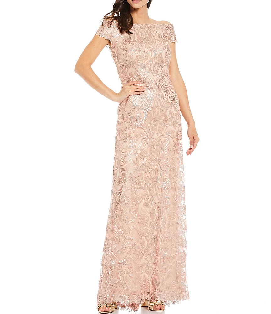 Tadashi Shoji Sequin Floral Lace Off-the-Shoulder Cap Sleeve A-Line Gown