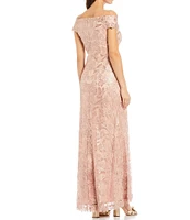 Tadashi Shoji Sequin Floral Lace Off-the-Shoulder Cap Sleeve A-Line Gown