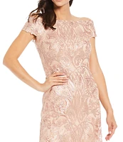 Tadashi Shoji Sequin Floral Lace Off-the-Shoulder Cap Sleeve A-Line Gown