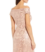 Tadashi Shoji Sequin Floral Lace Off-the-Shoulder Cap Sleeve A-Line Gown