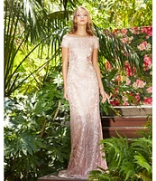 Tadashi Shoji Sequin Floral Lace Off-the-Shoulder Cap Sleeve A-Line Gown