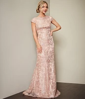 Tadashi Shoji Sequin Floral Lace Off-the-Shoulder Cap Sleeve A-Line Gown