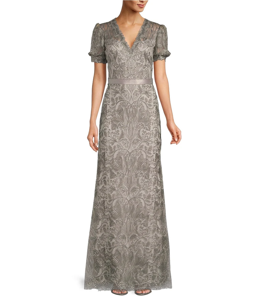 Tadashi Shoji Sheer Puffed Short Sleeve Lace Gown