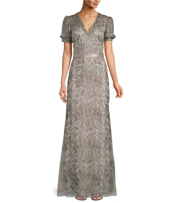 Tadashi Shoji Sheer Puffed Short Sleeve Lace Gown