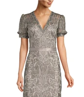 Tadashi Shoji Sheer Puffed Short Sleeve Lace Gown