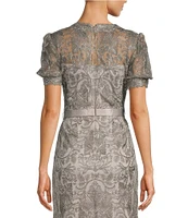 Tadashi Shoji Sheer Puffed Short Sleeve Lace Gown