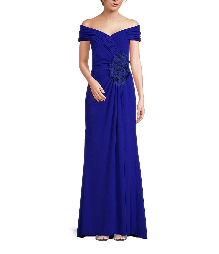 Tadashi Shoji Stretch Crepe Off The Shoulder Neck Cap Sleeve Ruched Flower Applique Sheath Gown