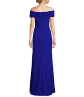 Tadashi Shoji Stretch Crepe Off The Shoulder Neck Cap Sleeve Ruched Flower Applique Sheath Gown