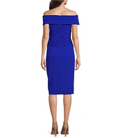 Tadashi Shoji Stretch Crepe Off-The-Shoulder Ruched Bow Front Sheath Dress