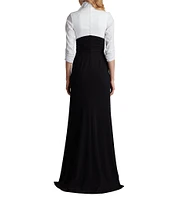 Tadashi Shoji Taffeta Crepe Color Block V-Neck 3/4 Sleeve Maxi Dress