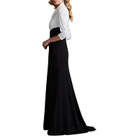 Tadashi Shoji Taffeta Crepe Color Block V-Neck 3/4 Sleeve Maxi Dress