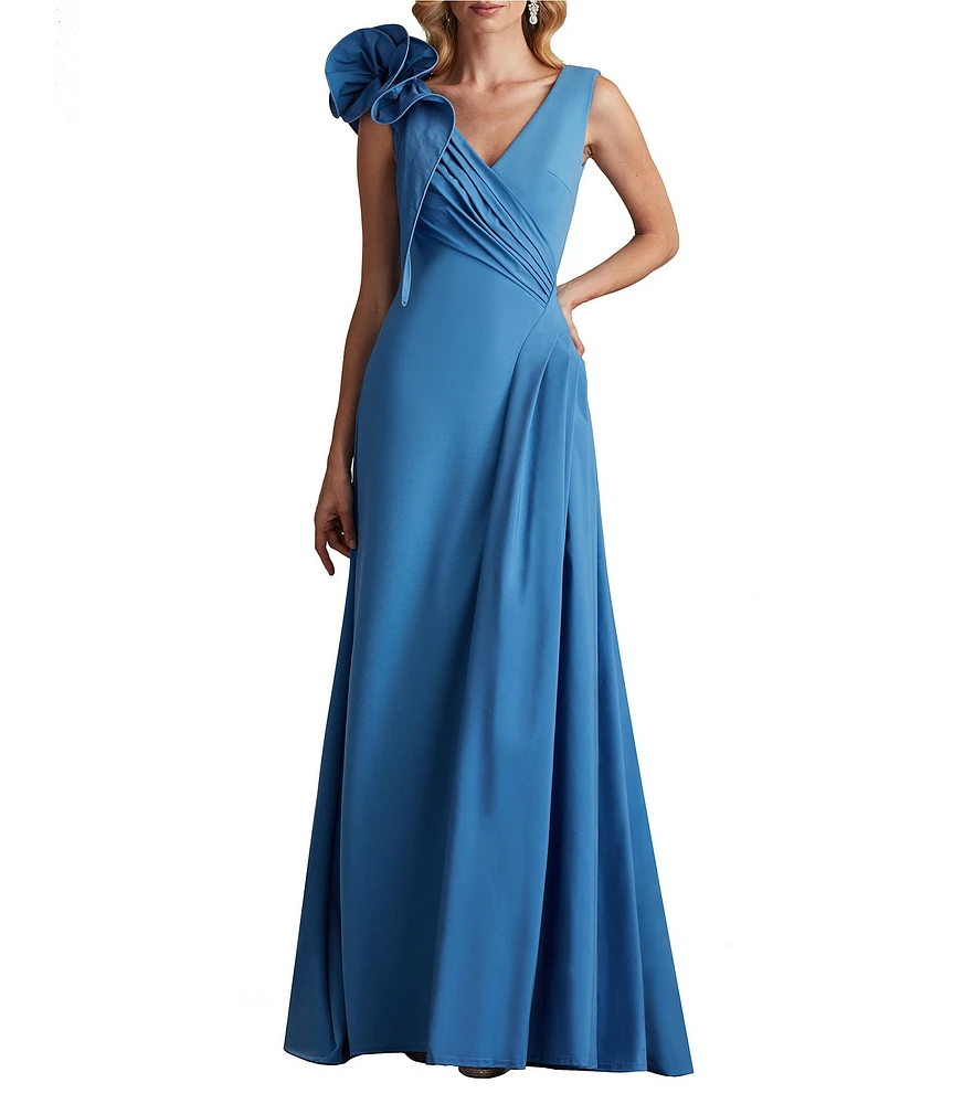 Tadashi Shoji Taffeta Crepe V-Neck Sleeveless Ruffle Shoulder A-Line Gown