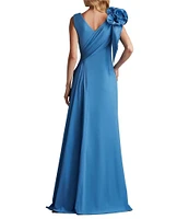 Tadashi Shoji Taffeta Crepe V-Neck Sleeveless Ruffle Shoulder A-Line Gown