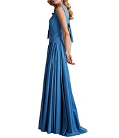 Tadashi Shoji Taffeta Crepe V-Neck Sleeveless Ruffle Shoulder A-Line Gown