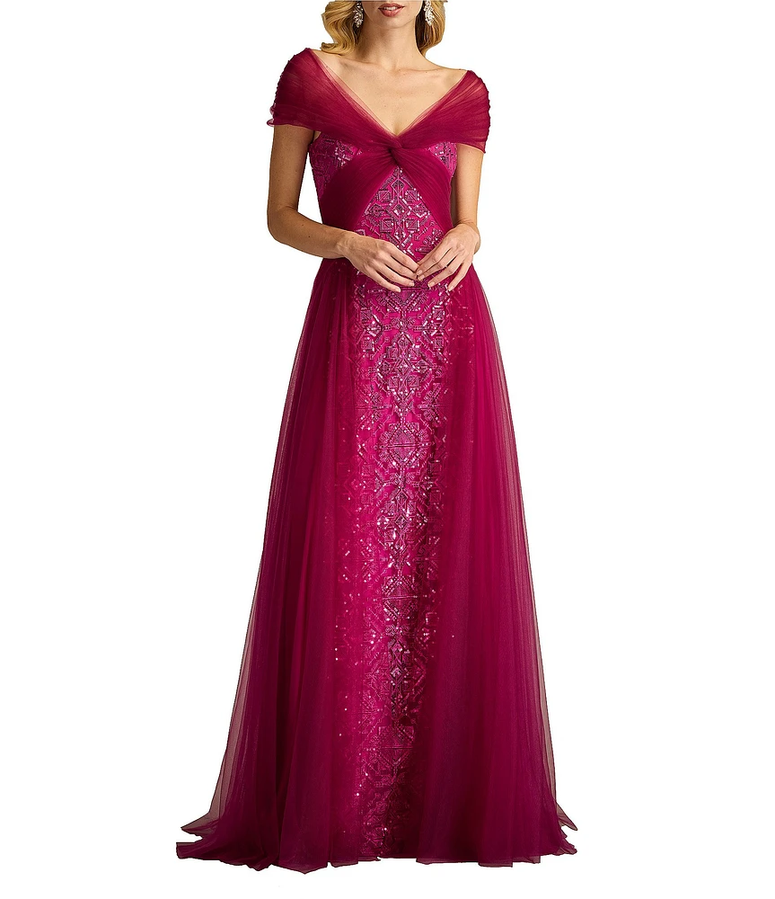 Tadashi Shoji Taffeta Sequin Print V-Neck Cap Sleeve Gown