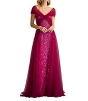 Tadashi Shoji Taffeta Sequin Print V-Neck Cap Sleeve Gown