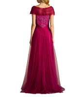 Tadashi Shoji Taffeta Sequin Print V-Neck Cap Sleeve Gown