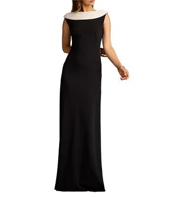 Tadashi Shoji V Back Colorblock Crepe Gown