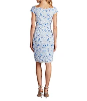 Tadashi Shoji V-Neck Cap Sleeve 3D Floral Embroidered Lace Sheath Dress
