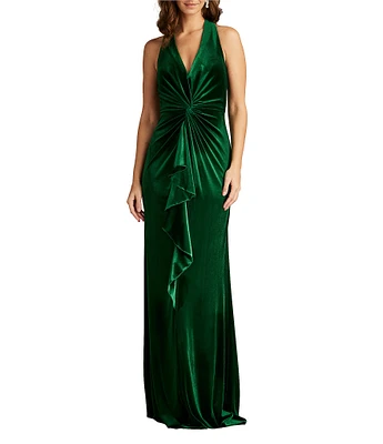 Tadashi Shoji V-Neck Ruched Ruffle Front Sleeveless Velvet Gown