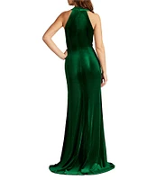 Tadashi Shoji V-Neck Ruched Ruffle Front Sleeveless Velvet Gown