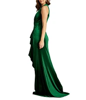 Tadashi Shoji V-Neck Ruched Ruffle Front Sleeveless Velvet Gown