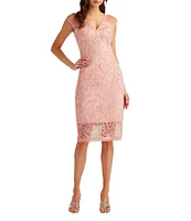 Tadashi Shoji V-Neck Sleeveless Corded Lace Illusion Hem Sheath Dress