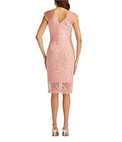 Tadashi Shoji V-Neck Sleeveless Corded Lace Illusion Hem Sheath Dress