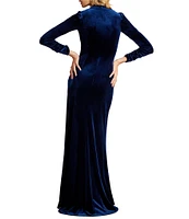 Tadashi Shoji Velvet Deep V-Neck Long Sleeve Front Twist Sheath Gown