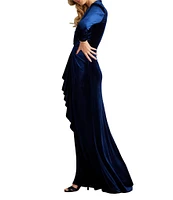 Tadashi Shoji Velvet Deep V-Neck Long Sleeve Front Twist Sheath Gown