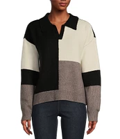 Takara Color Block Split V-Neck Collared Long Sleeve Pullover Sweater