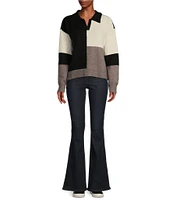 Takara Color Block Split V-Neck Collared Long Sleeve Pullover Sweater