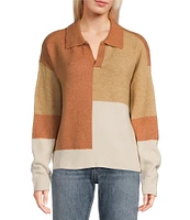 Takara Color Block Split V-Neck Collared Long Sleeve Pullover Sweater