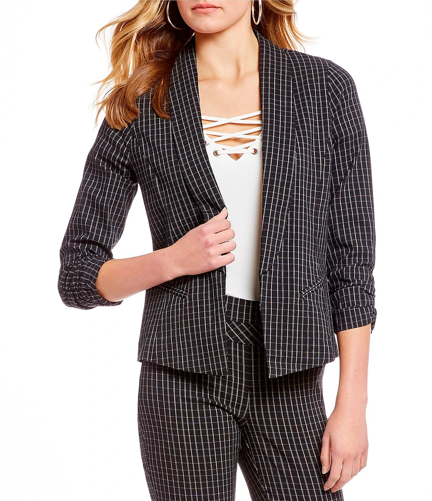 Takara Ruched-Sleeve Checkered Print Suit Blazer